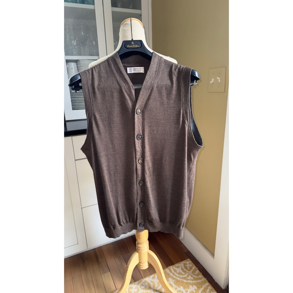 Brunello Cucinelli Mens Brown Wool Cashmere‎ Button Front Sweater Vest Italy